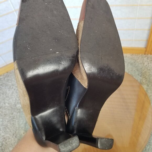 Vintage Patchwork Size 7 Clogs Mules Shoes Brown Black Leather Suede - Picture 9 of 11